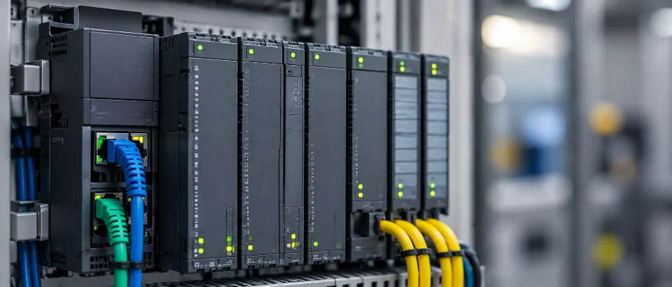 Moduli PLC in un quadro di automazione.